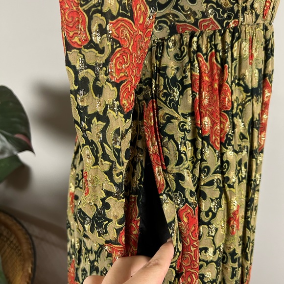 Vintage 60’s Gold Mock Neck Floral Maxi India Cotton Party Dress with Pockets - Picture 5 of 15